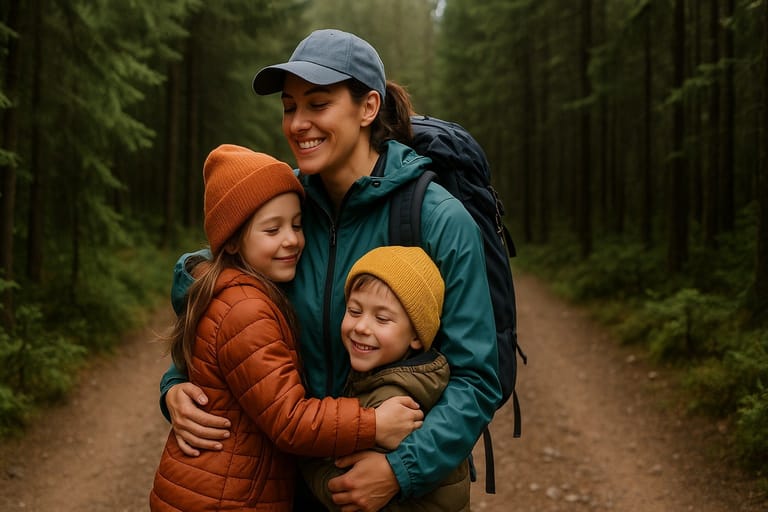 A parent hugging two children on a wooded trail